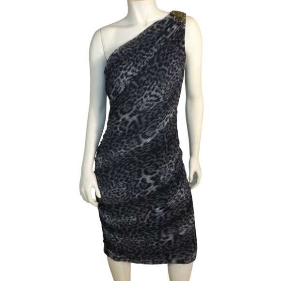 Tadashi Shoji Dresses & Skirts - TADASHI SHOJI Evening Dress, XL, Grey Animal Print, Jeweled One Shoulder, Ruched